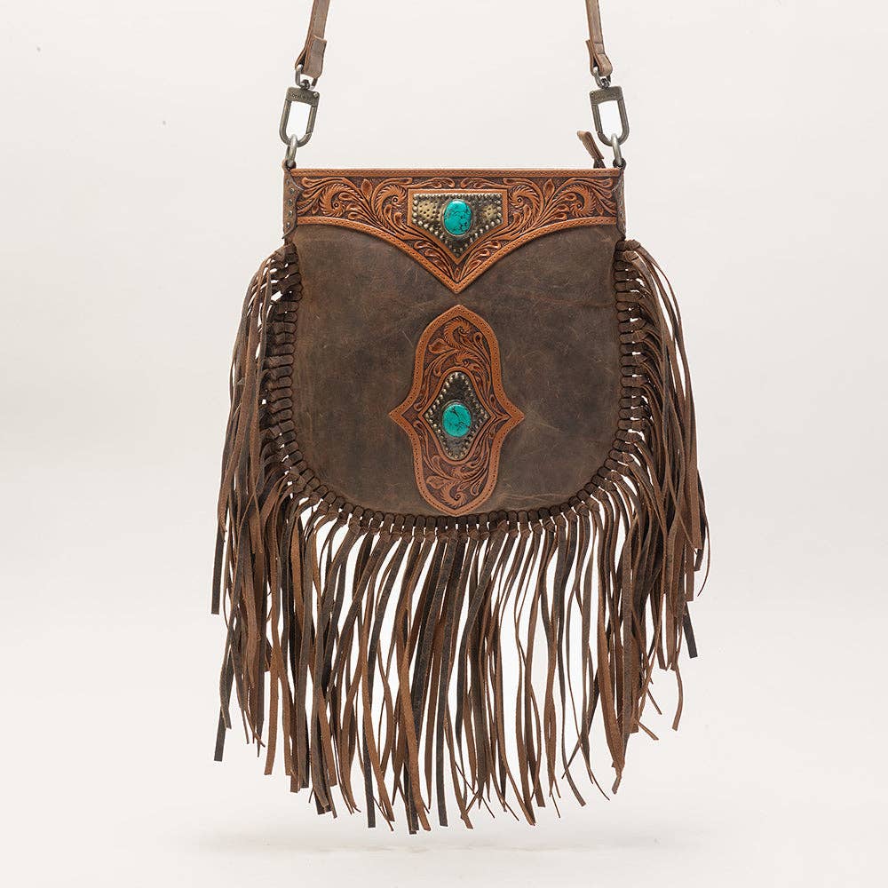 Mojave Tassle Bag In Brunette Leather Hand-tooled with Fringe