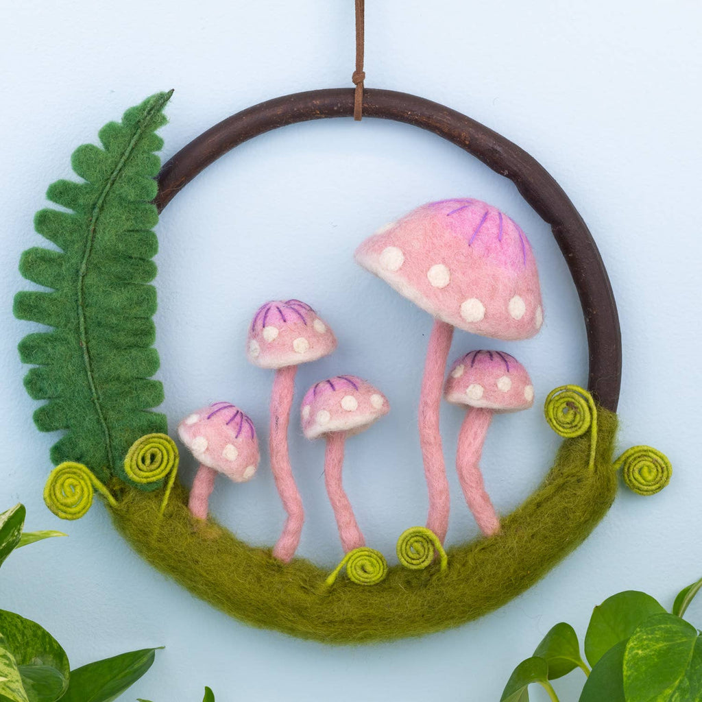 Purple Mushrooms & Ferns Wool Felted Forest Ring