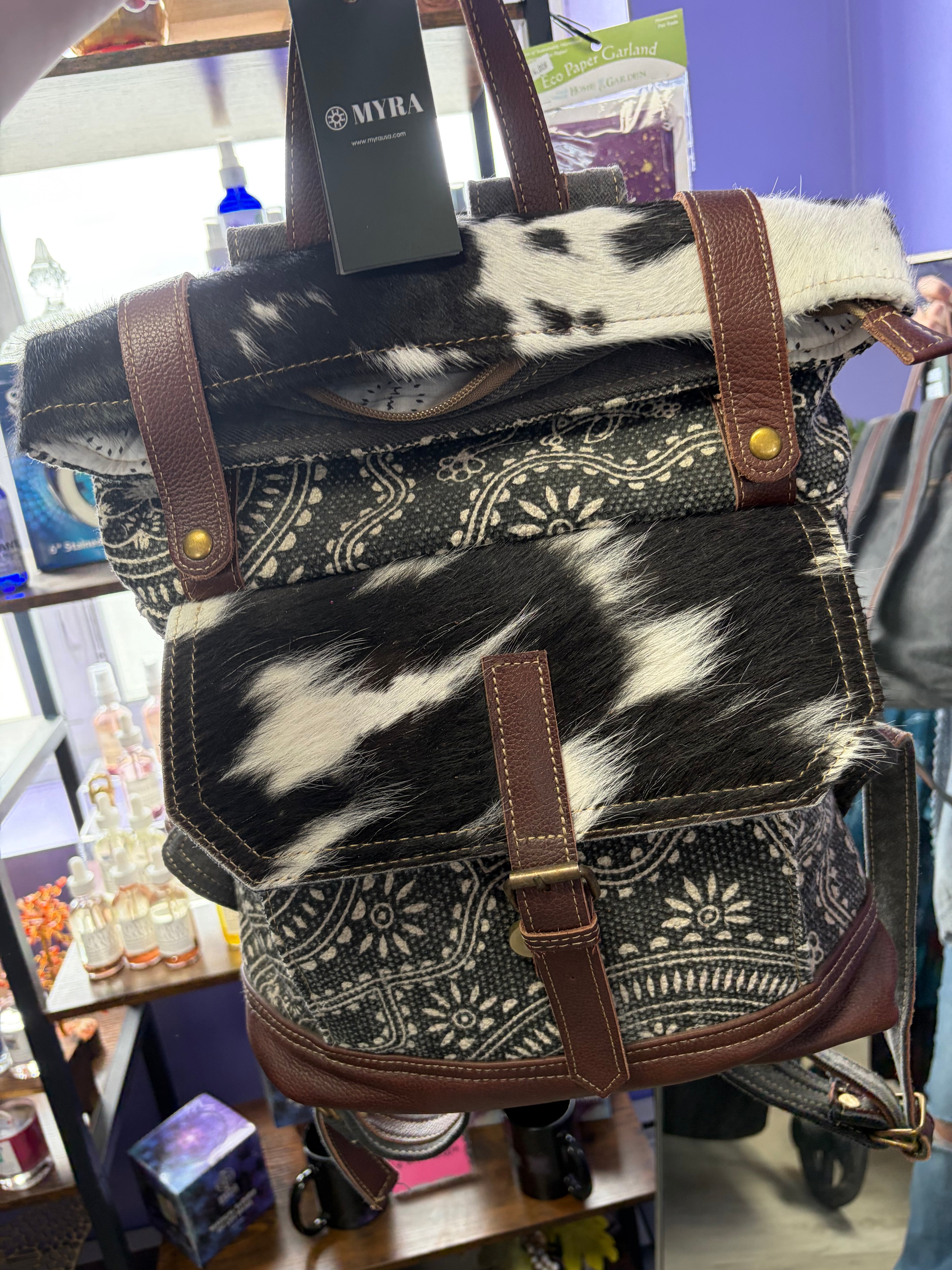 Vibe With Me Black & White Hair-on Leather and Canvas Backpack MyraBag