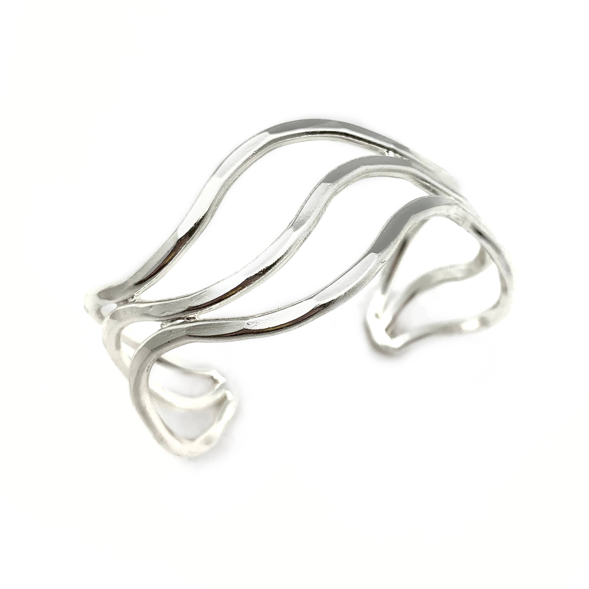 Silver Plated Adjustable Cuff Bracelet - Large Waves