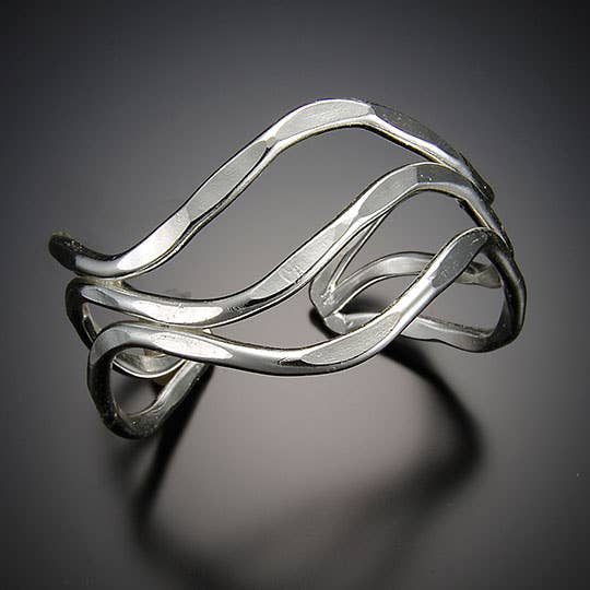 Silver Plated Adjustable Cuff Bracelet - Large Waves