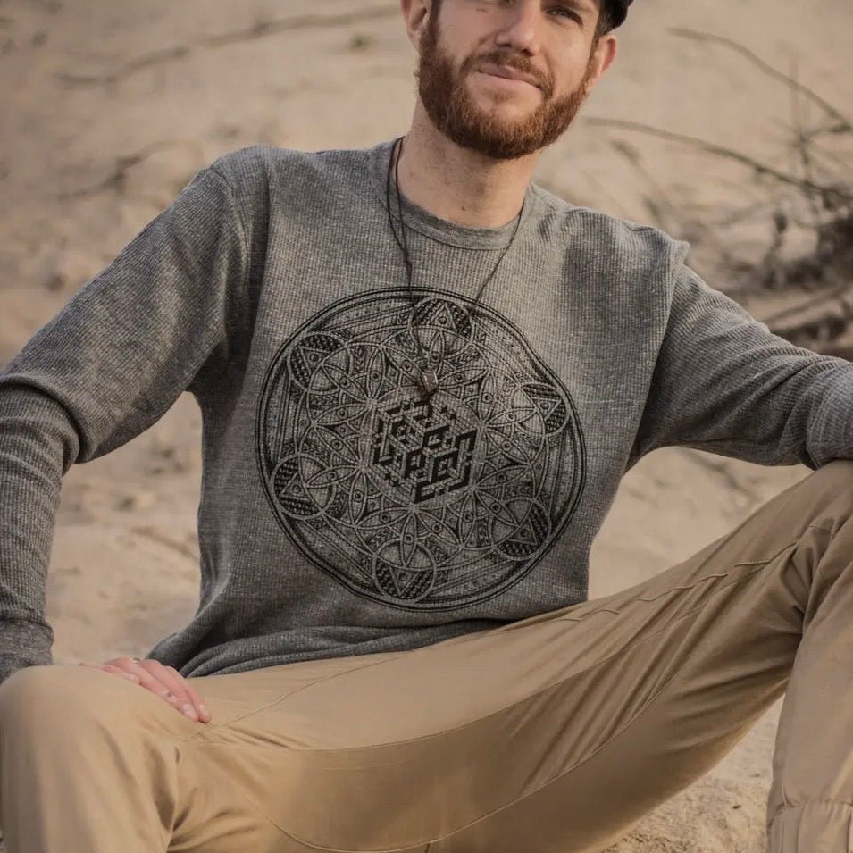 Green Sacred Geometry Long Sleeve Thermal- Geometric Cube Shirt