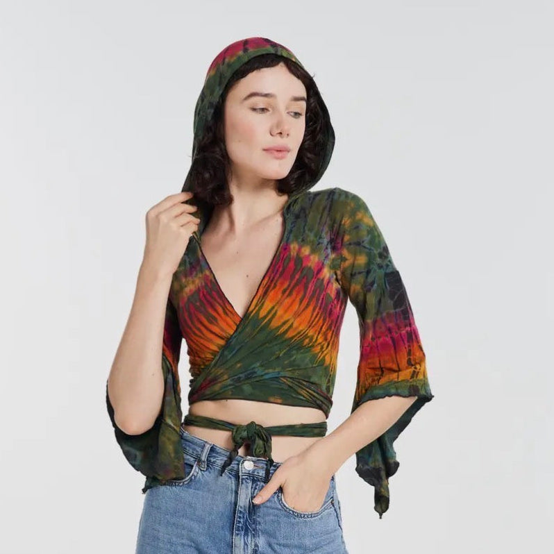 Tie-Dye Cropped Hooded Wrap Tie Top