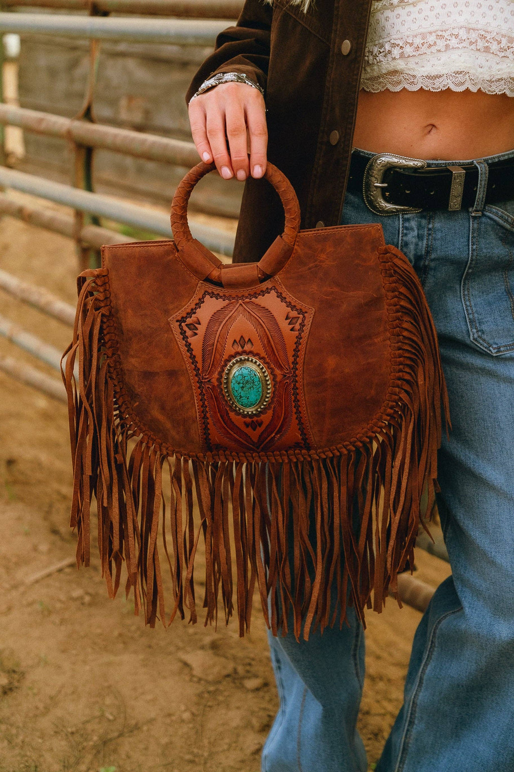 Sedona Tassle Hand Bag In Saddle Brown with Turquoise
