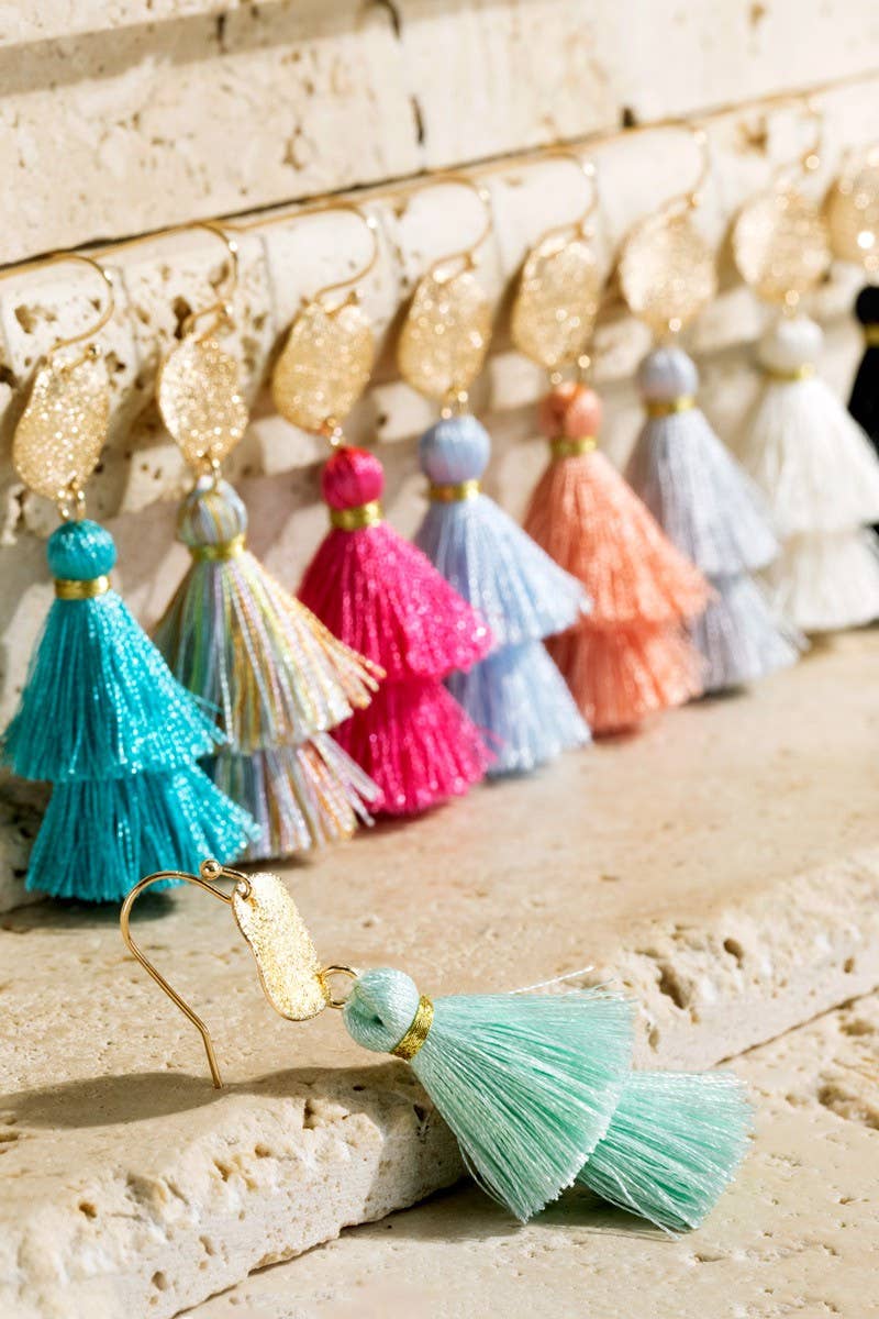 Boho Blue Gold Disc & Tassel Earrings