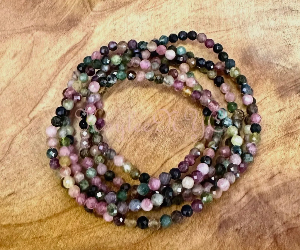 Faceted Tourmaline 4mm Crystal Beaded Stretch Bracelet 7.5”