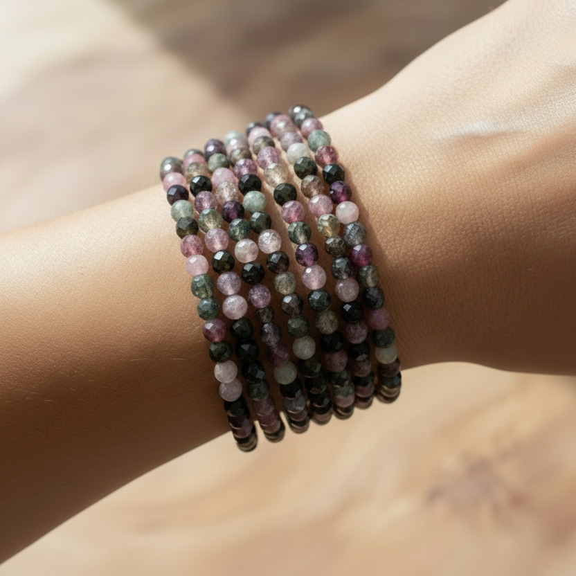 Faceted Tourmaline 4mm Crystal Beaded Stretch Bracelet 7.5”