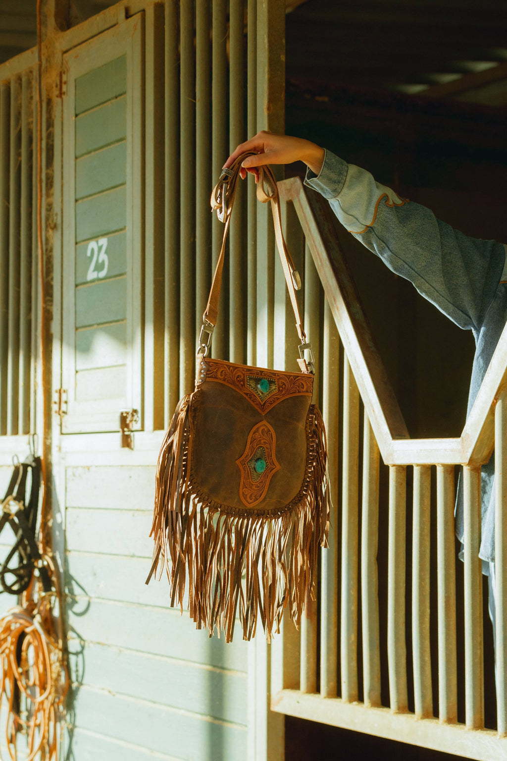 Mojave Tassle Bag In Brunette Leather Hand-tooled with Fringe