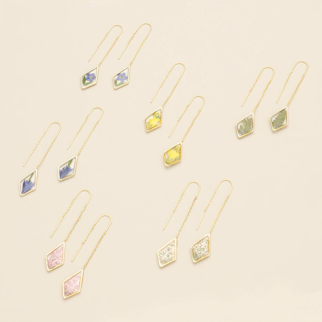 Pressed Flower Thread Earring - Blue Forget Me Not/Gold
