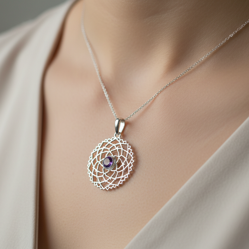 Amethyst Crown Chakra Sterling Silver Mandala Pendant