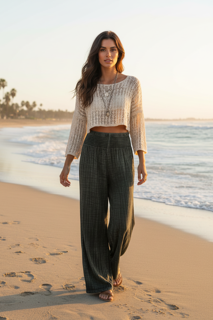 Lotus and Luna: Stonewashed Black Cotton Wide Leg Pants