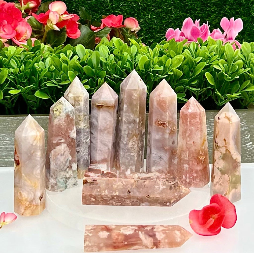Pink Flower Agate Crystal Tower Obelisk Point