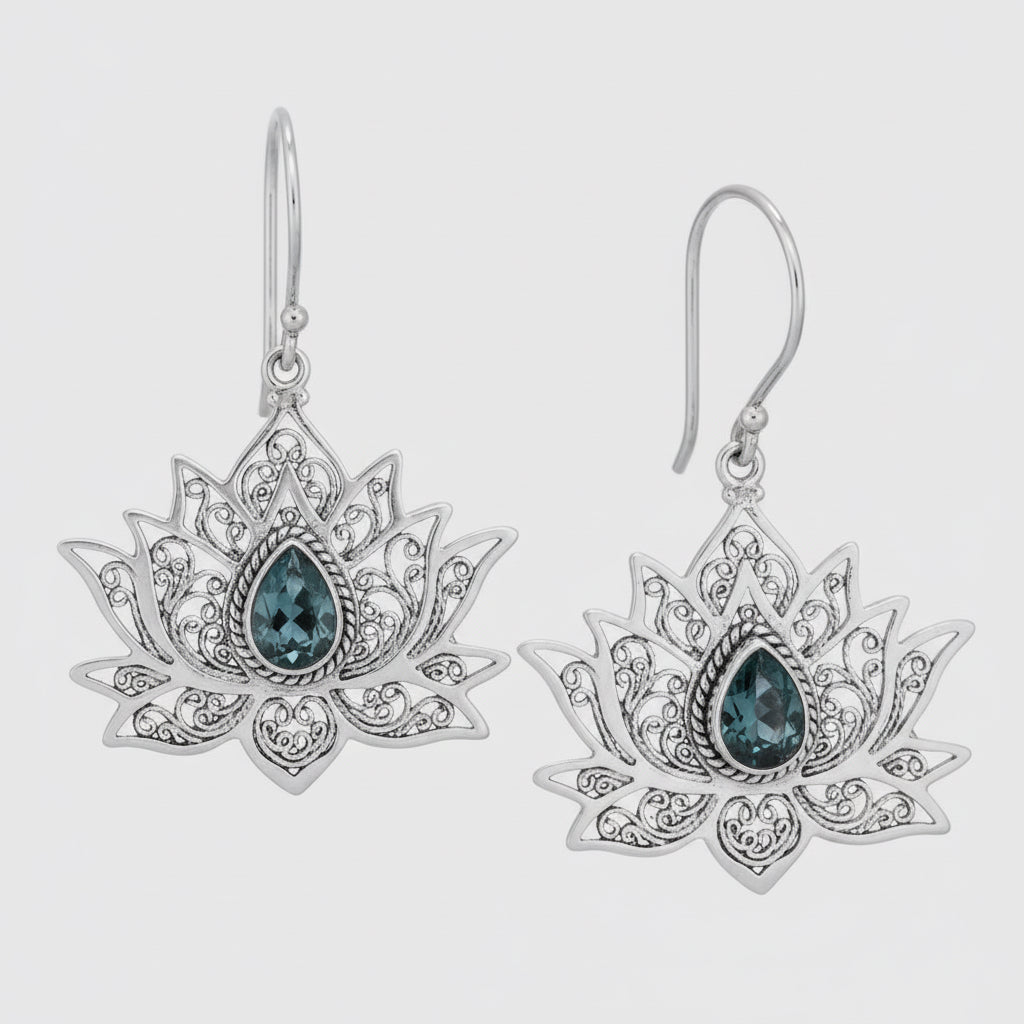 Blue Topaz Filigree Lotus Sterling Silver Earrings