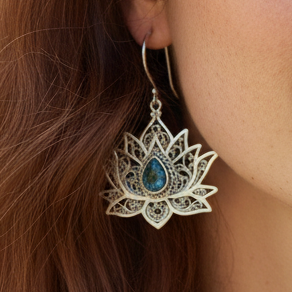 Blue Topaz Filigree Lotus Sterling Silver Earrings