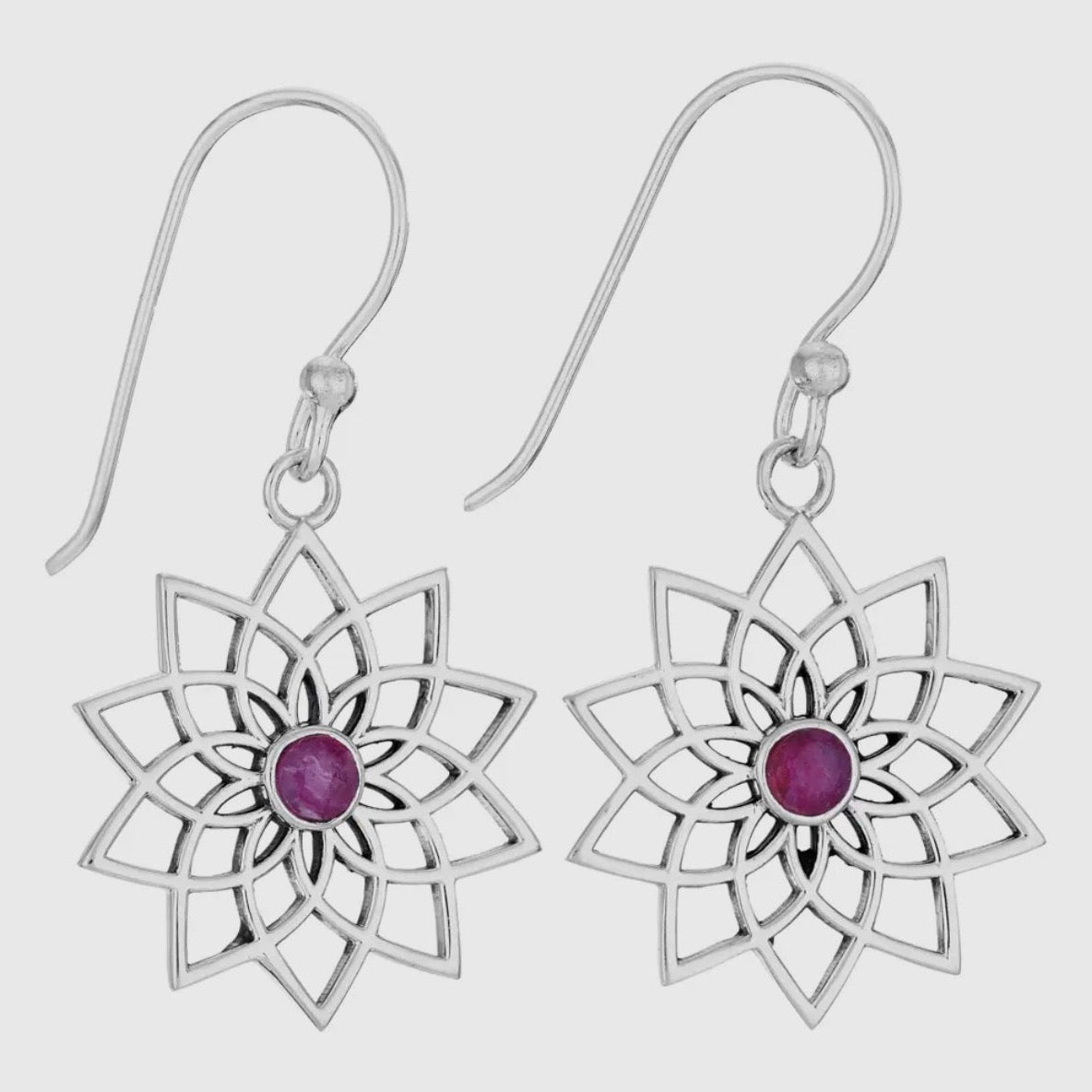 Ruby Flower Mandala Sterling Silver Earrings