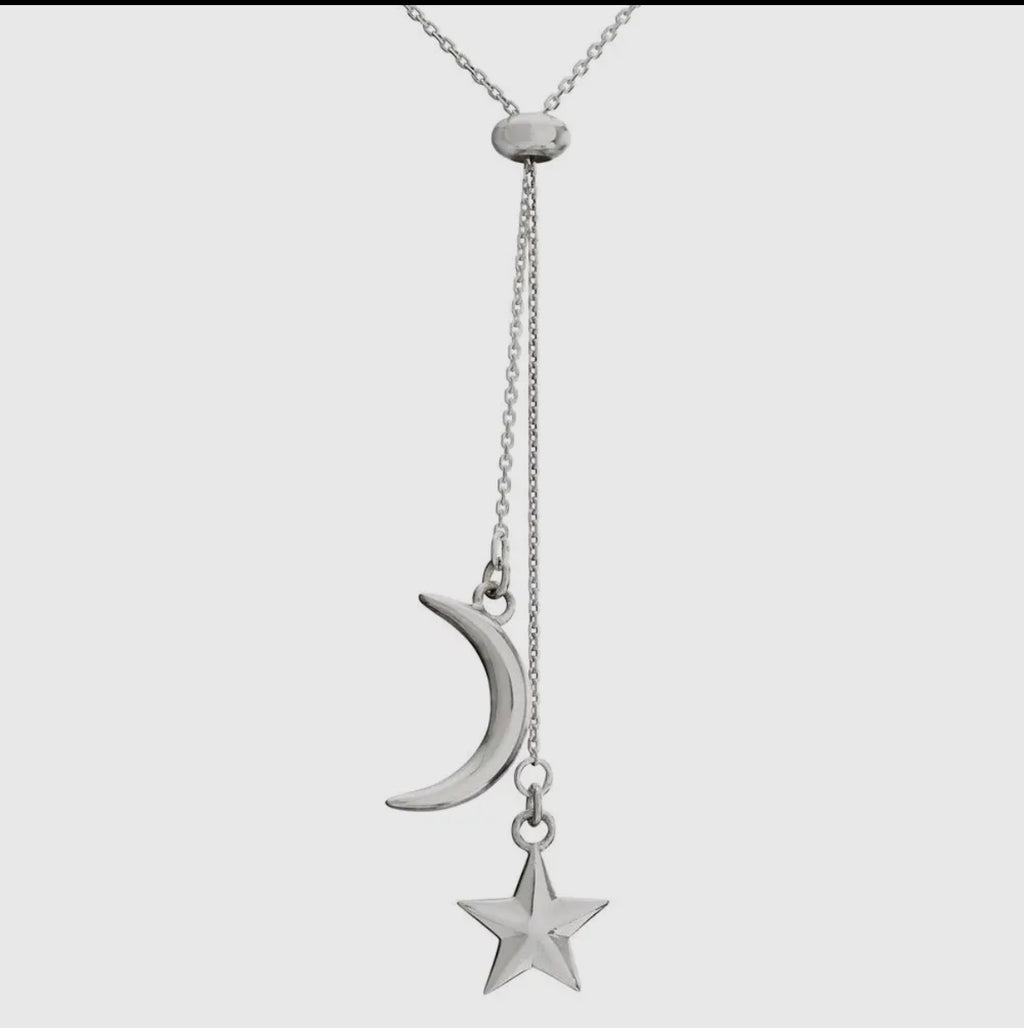Moon & Star Sterling Silver Lariat Necklace