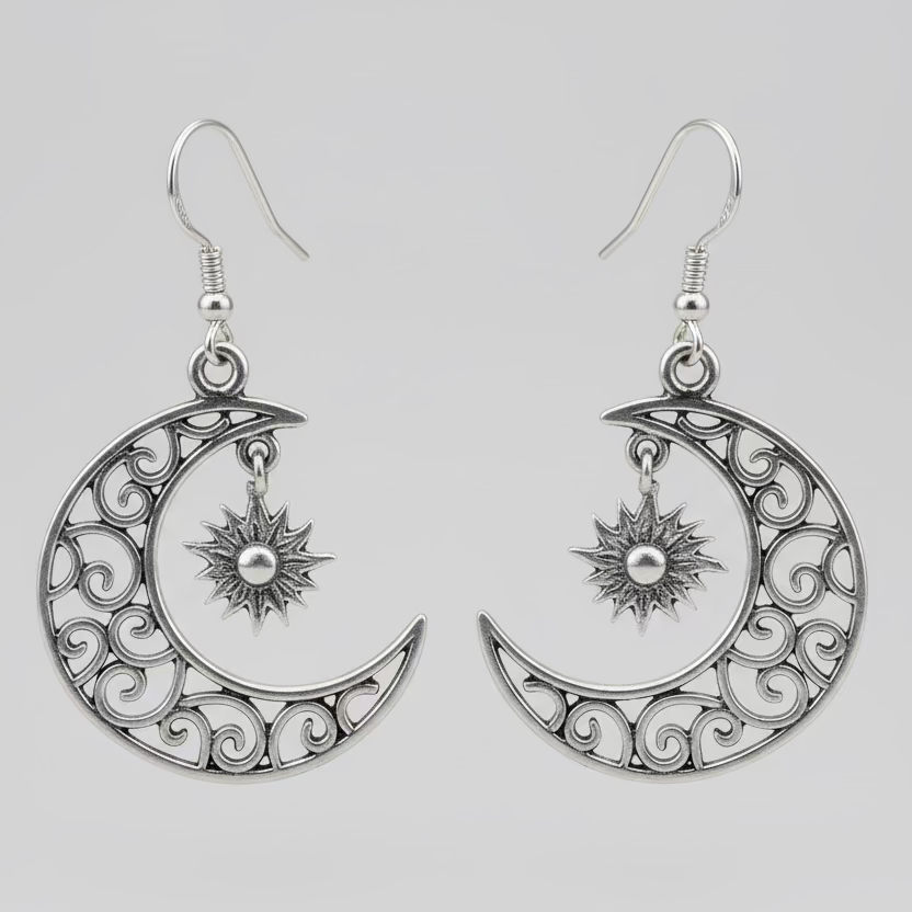 Swirly Moon & Starburst Sterling Silver Earrings