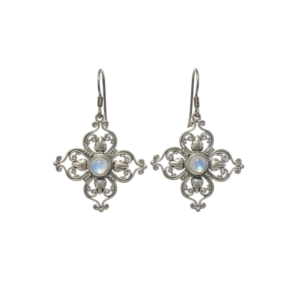 Four Petal Flower Sterling & Moonstone Earrings