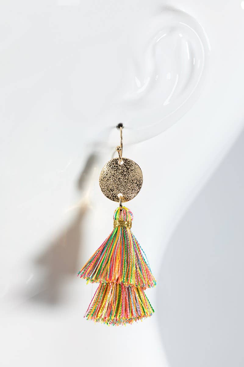 Boho Blue Gold Disc & Tassel Earrings