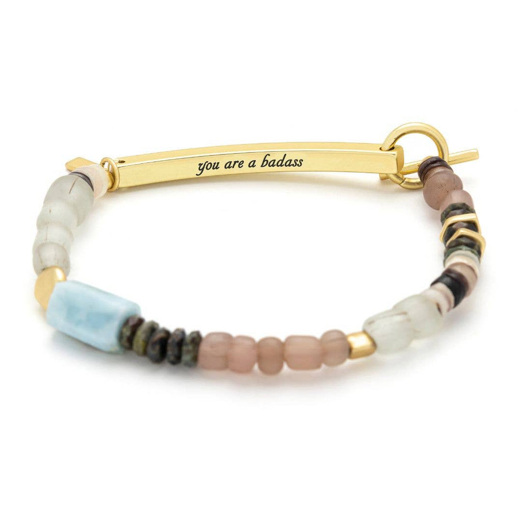 Hidden Message Bracelet: Badass/Larimar/Gold