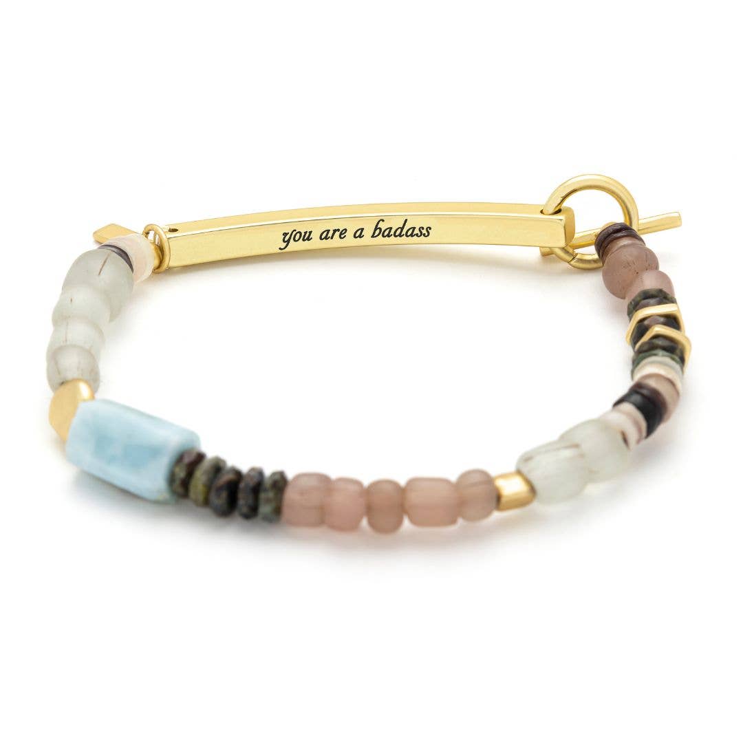 Hidden Message Bracelet: Badass/Larimar/Gold