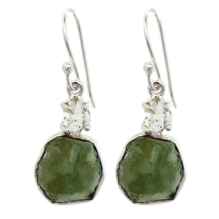 Moldavite & Herkimer Diamond Gemstone Earrings