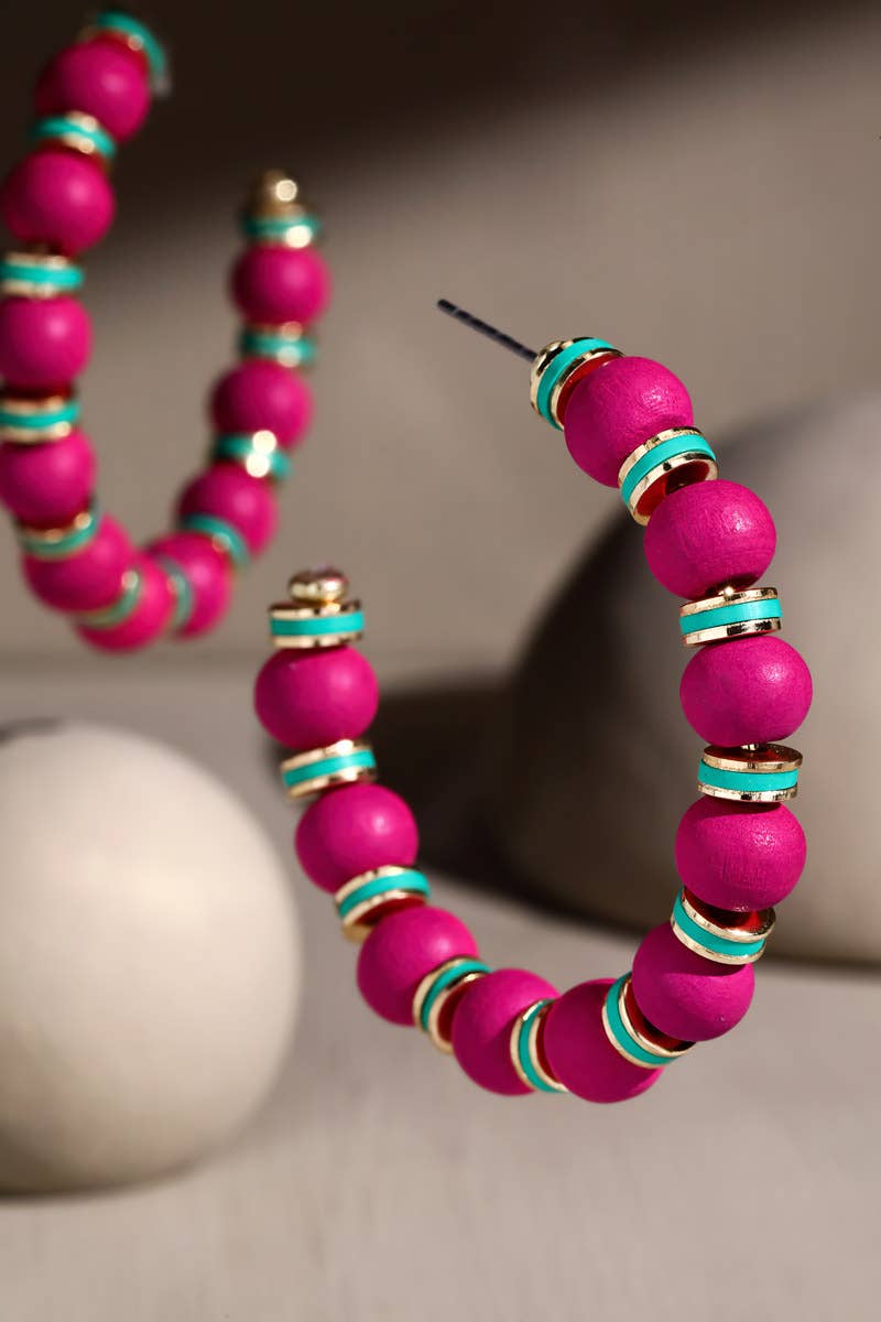 Boho Magenta Fuchsia Ball Bead Hoop Earrings
