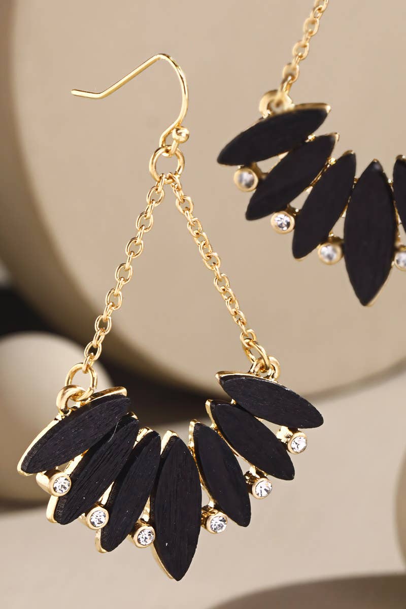 Wooden Fan Leaf Sparkly Dangle Earrings