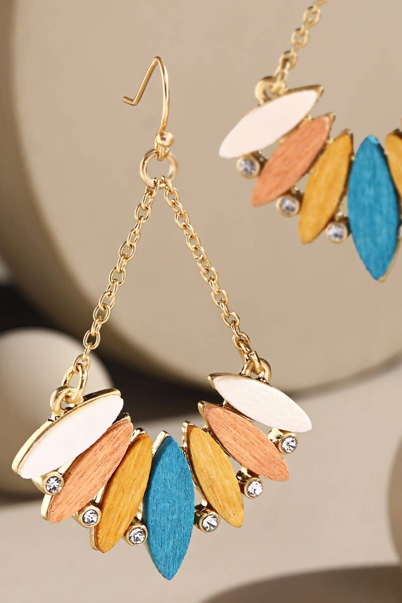 Wooden Fan Leaf Sparkly Dangle Earrings