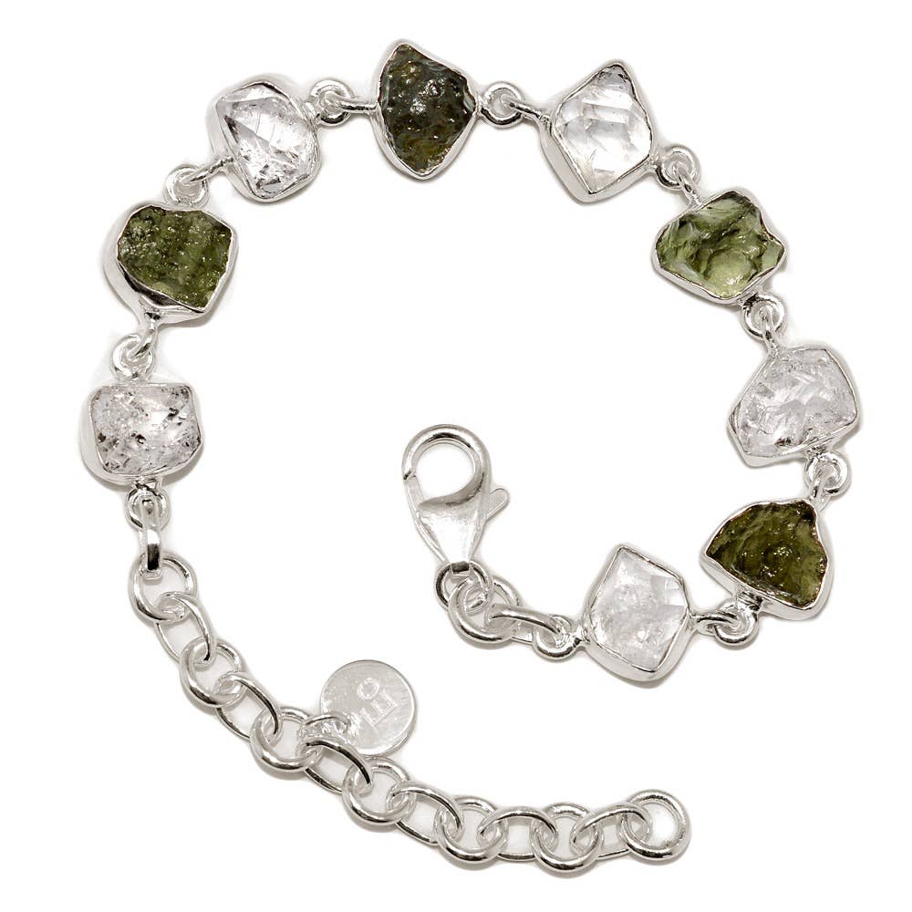 Moldavite Herkimer Diamond Sterling Bracelet