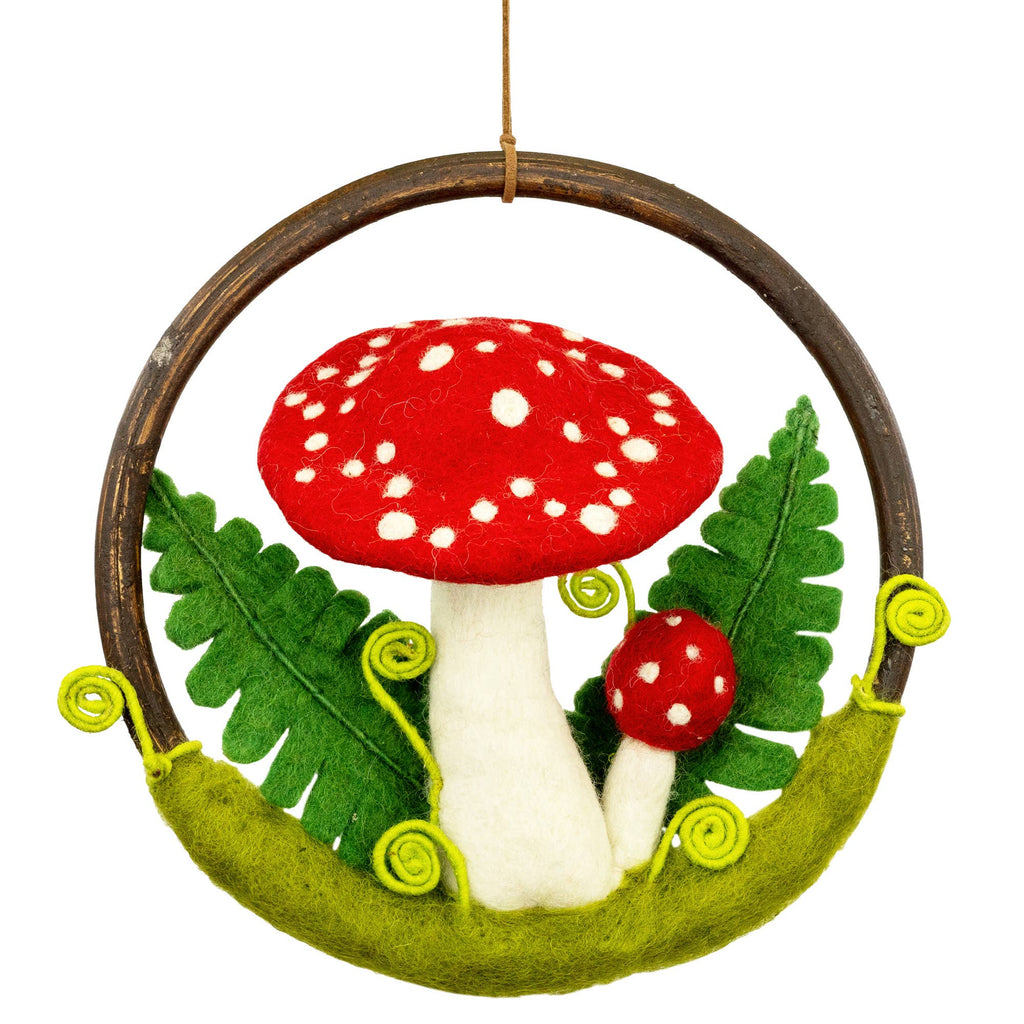 Red Mushroom & Fern Wool Felted Forest Ring