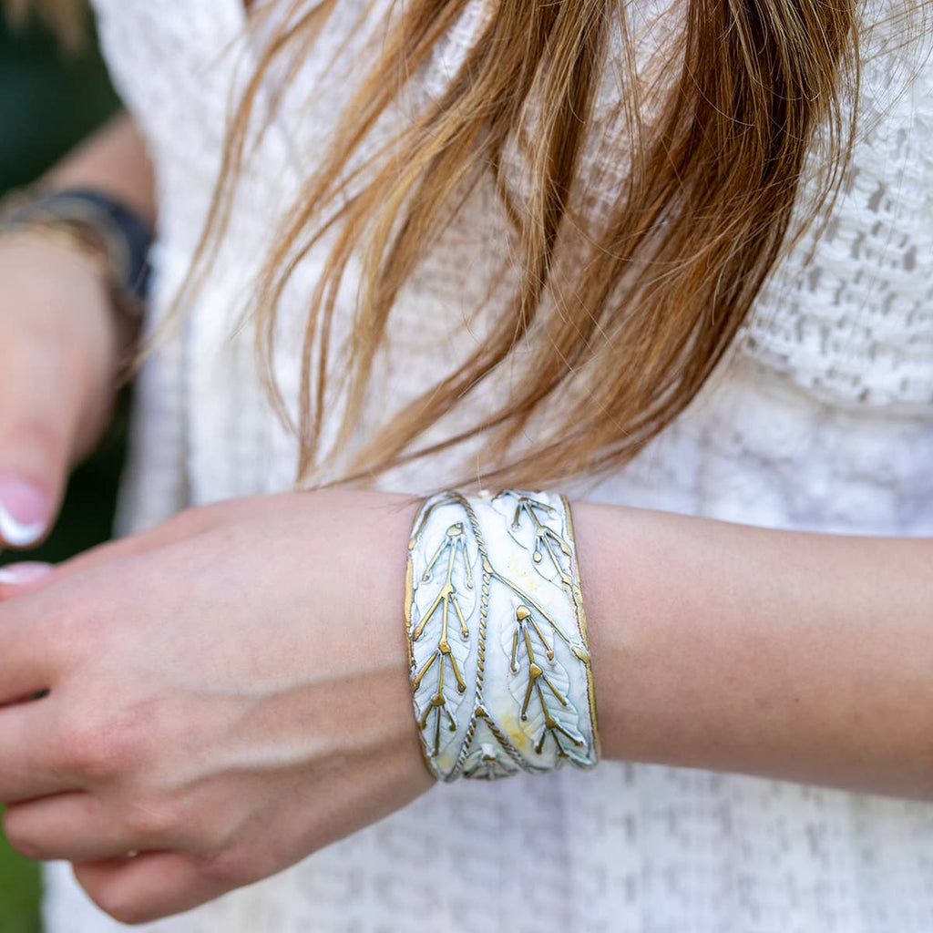 Anju: Brass Patina Cuff Bracelet- White Leaves
