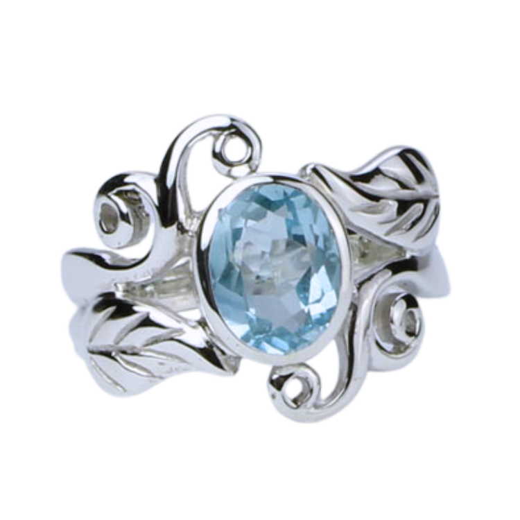 Blue Topaz Harmonious Swirls & Leaves Sterling Ring