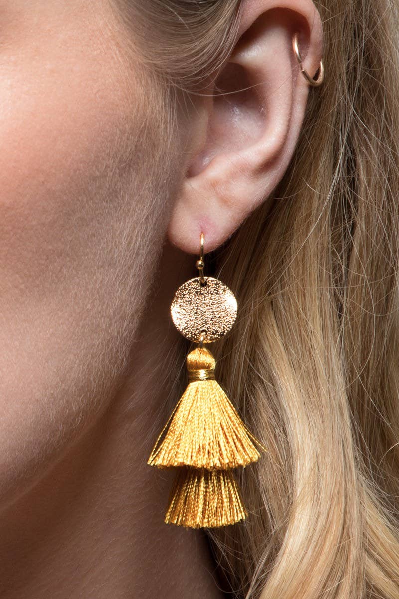 Boho Pink Gold Disc & Tassel Earrings