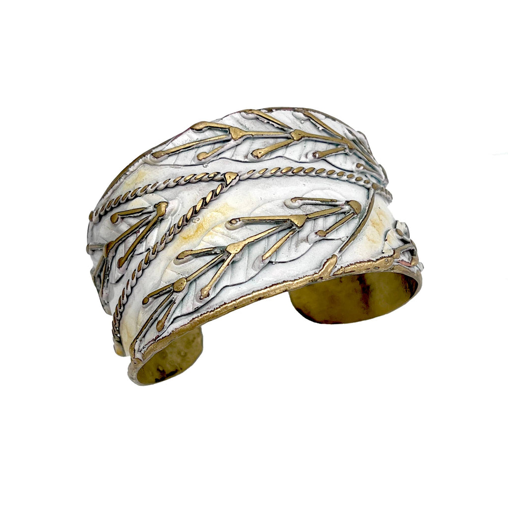 Anju: Brass Patina Cuff Bracelet- White Leaves