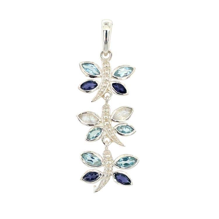 “Flight of the Dragonflies” Blue Topaz, Iolite, & Moonstone Pendant