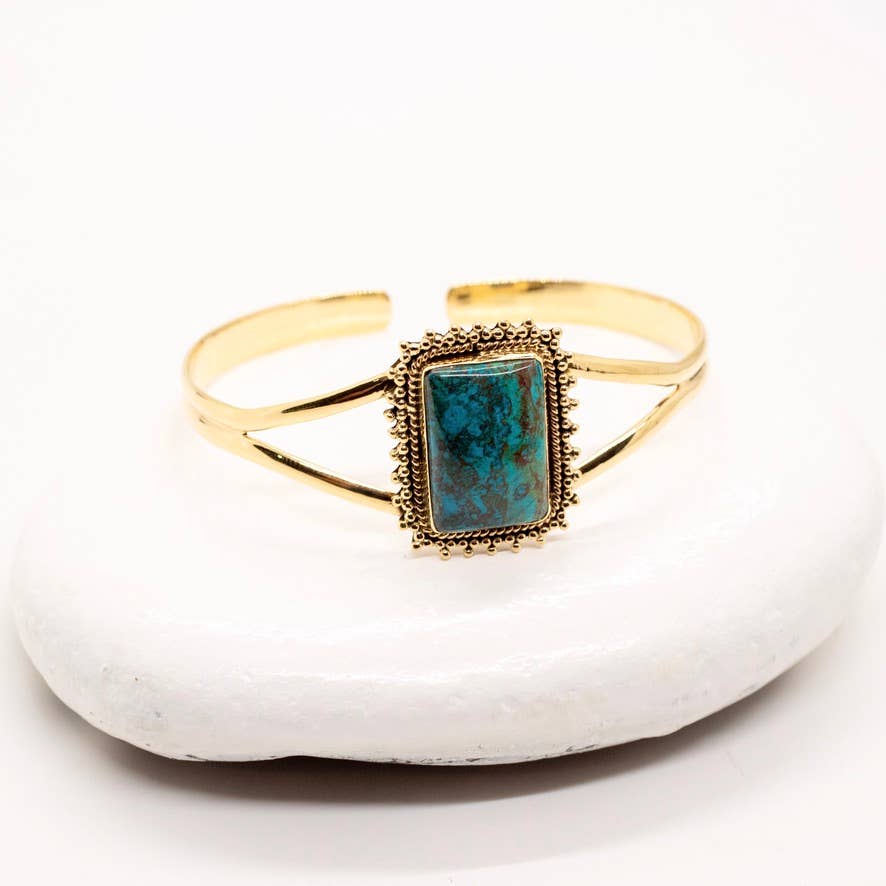 Golden Azurite Brass Cuff Bracelet