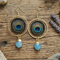 Handmade Peacock Feather & Jade Gemstone Dangle Earrings