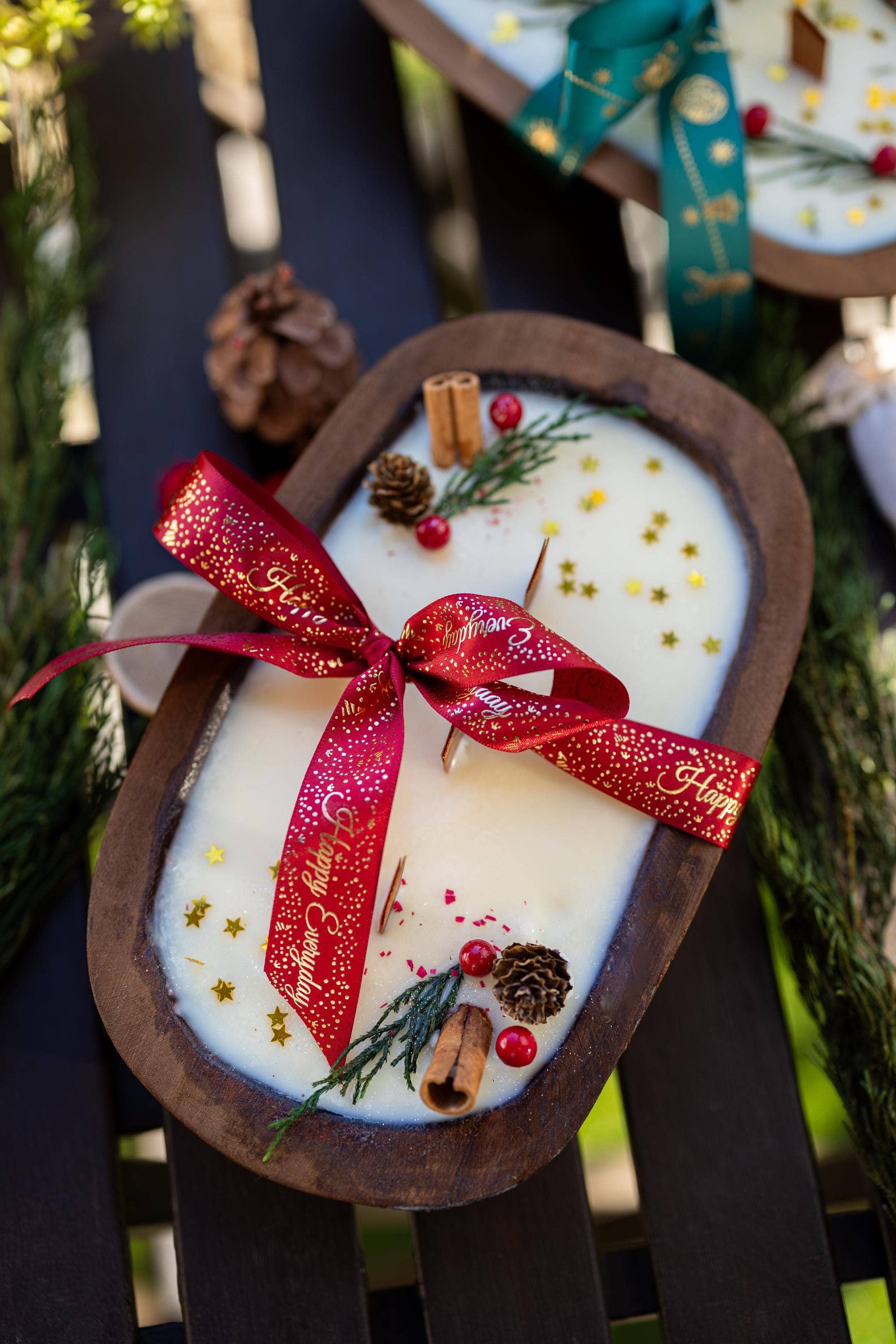 Christmas Wooden Dough Bowl Candle |Hand Crafted Multipurpose home decor | Farmhouse | Soy Wax Scented Candle | Natural Scent |Holiday Gift