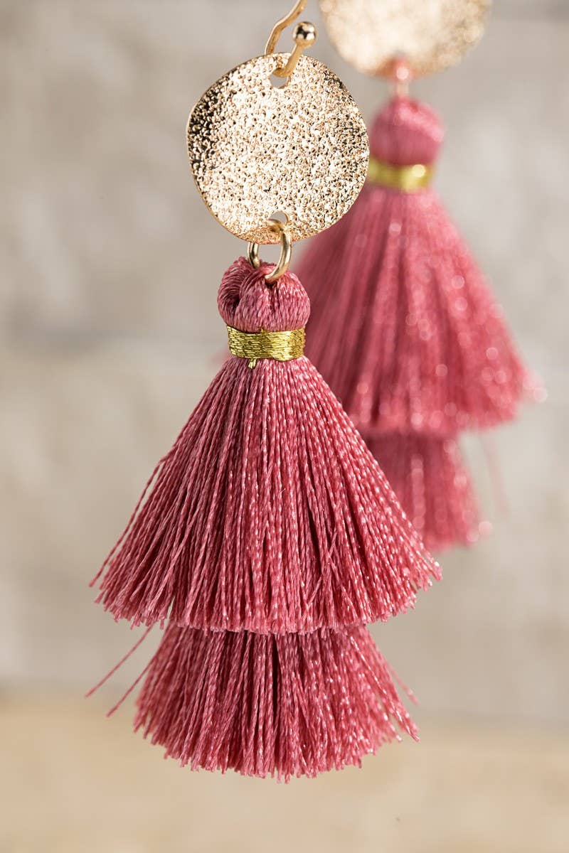 Boho Pink Gold Disc & Tassel Earrings