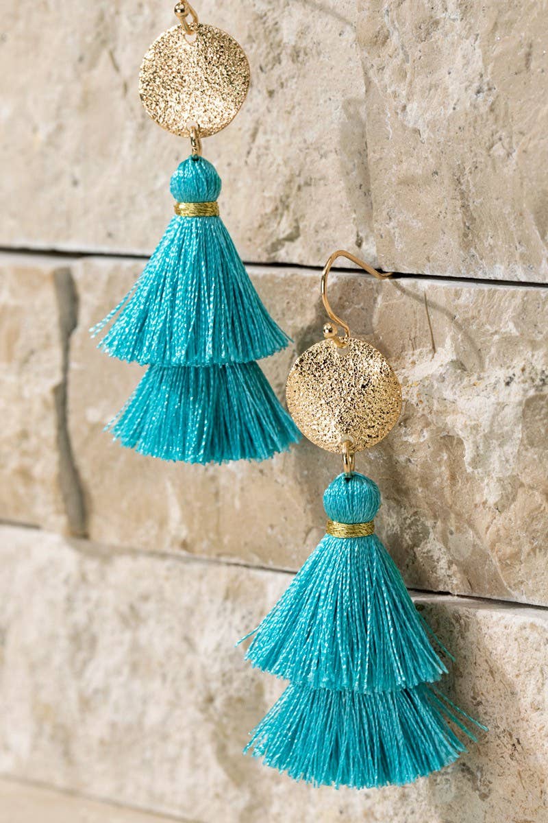Boho Blue Gold Disc & Tassel Earrings