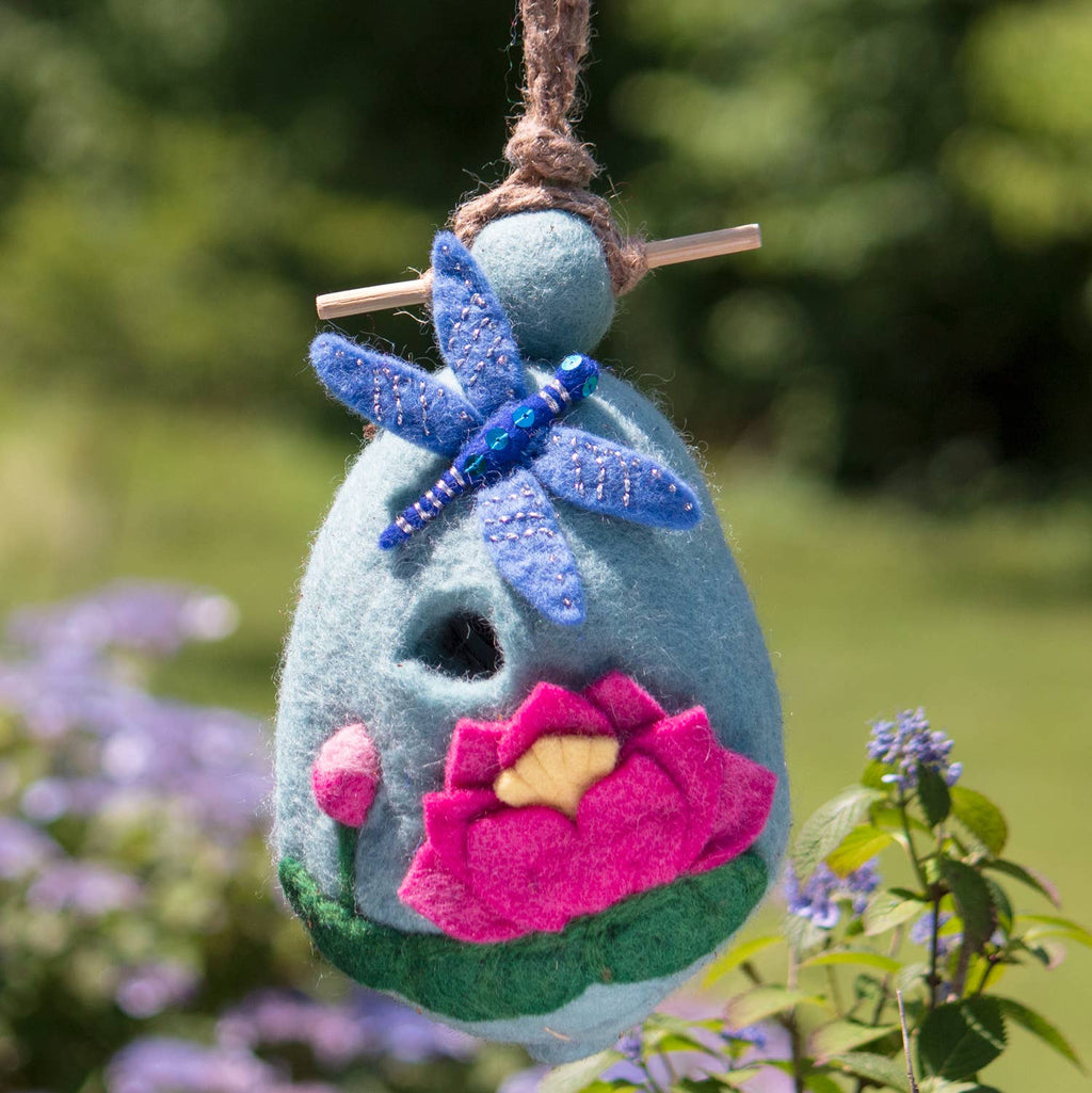 Pink Lotus& Blue Dragonfly Wool Felted Garden Birdhouse