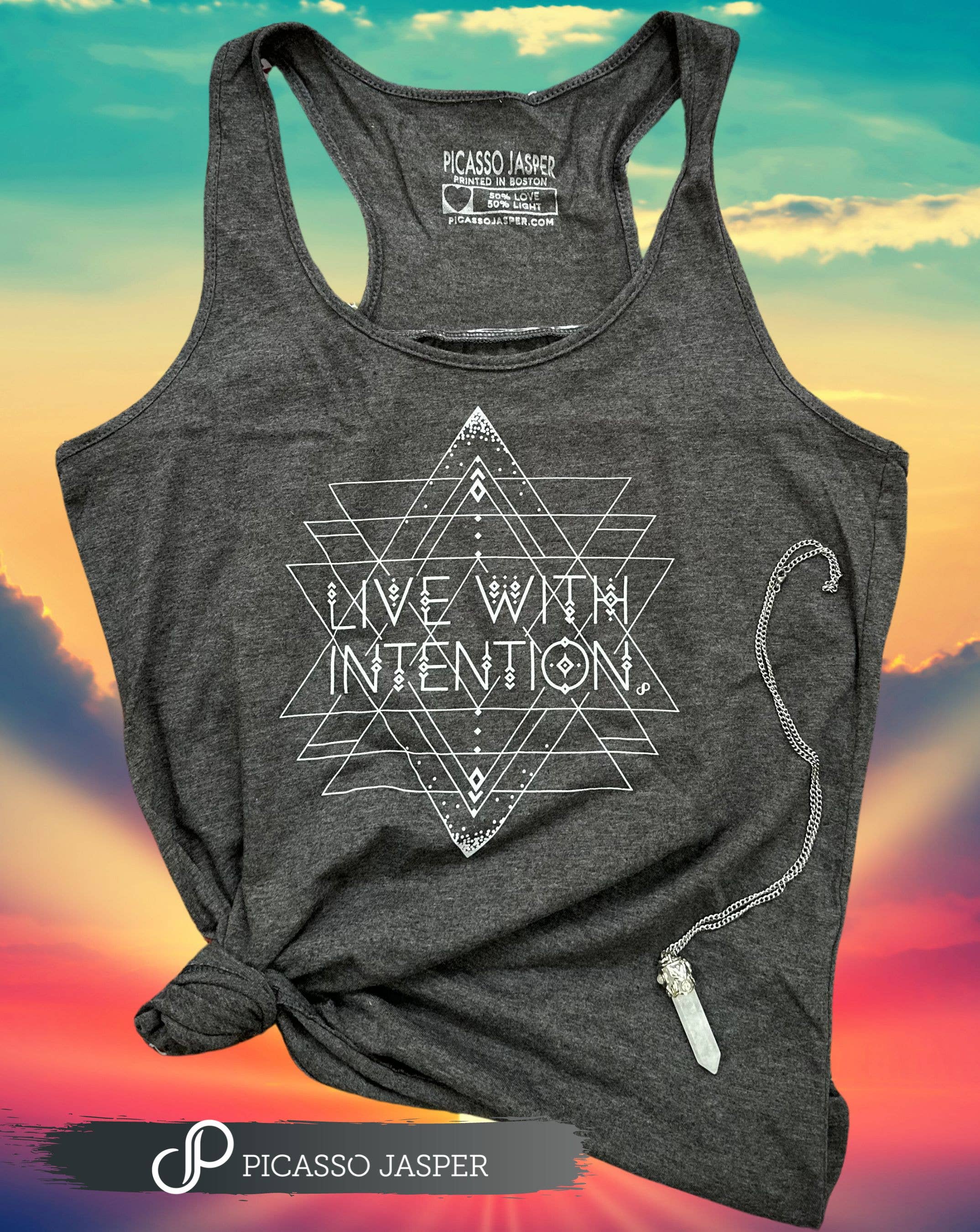 Grey Tank Top: Live with Intention, Gathered Racerback Shirt