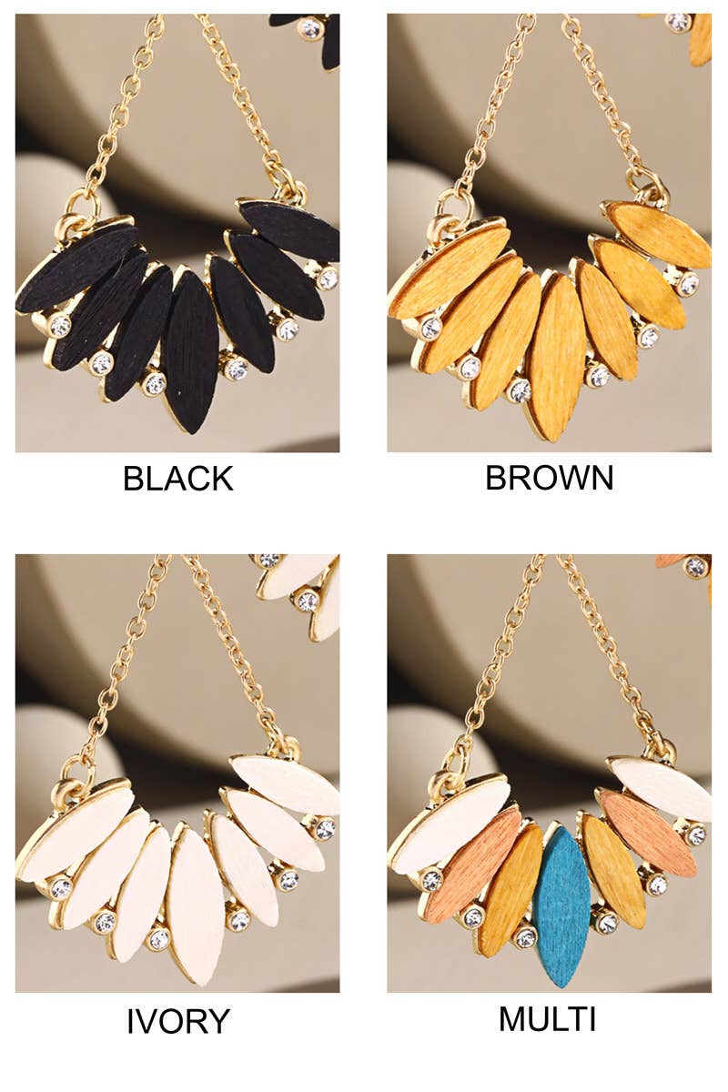 Wooden Fan Leaf Sparkly Dangle Earrings