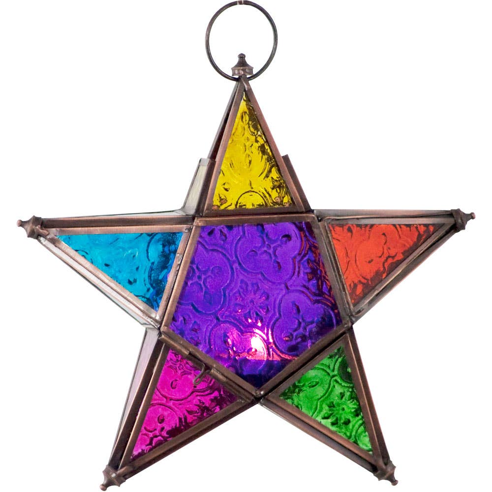 Multi-colored Glass & Metal Lantern 5 Point Star