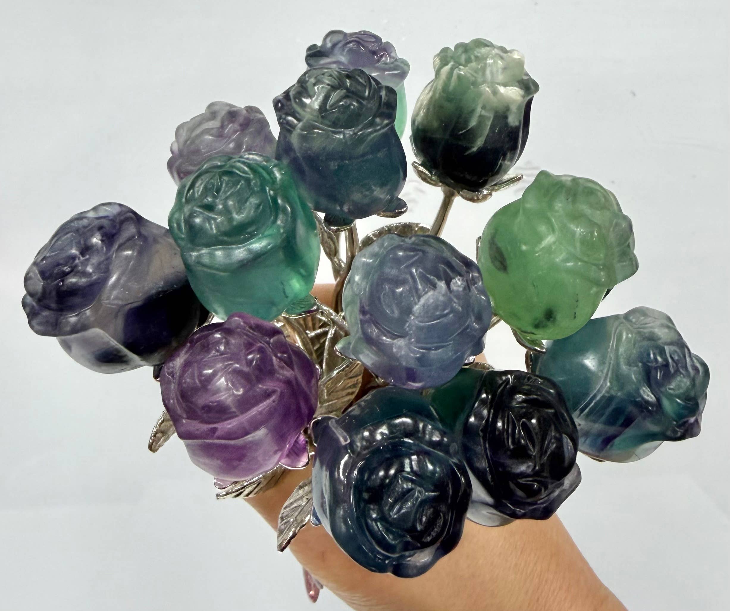 Fluorite Rose with Rhodium Metal Stem Natural Crystal 