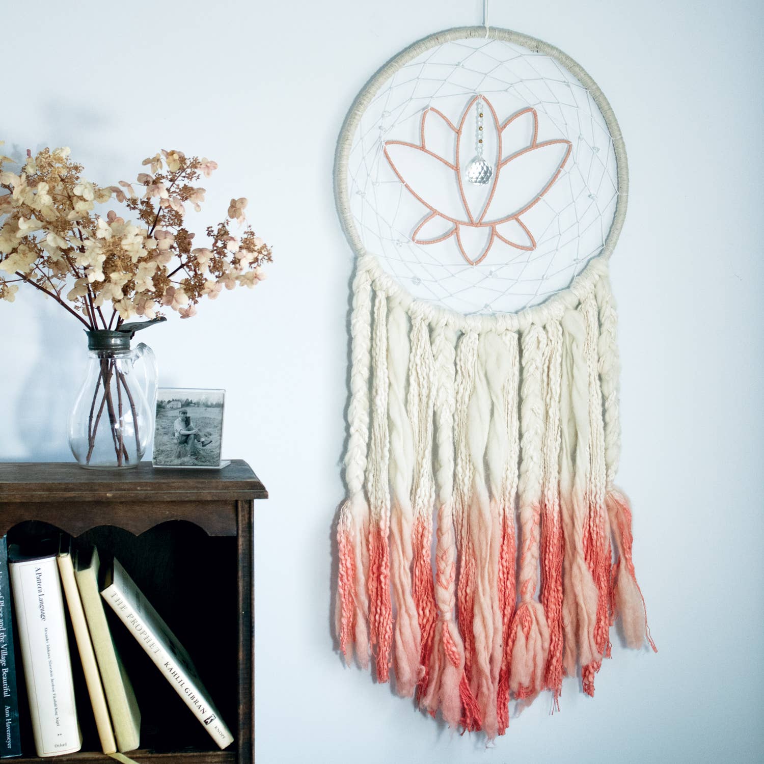 Pink Lotus Handcrafted Wool Dreamcatcher Wall Decor