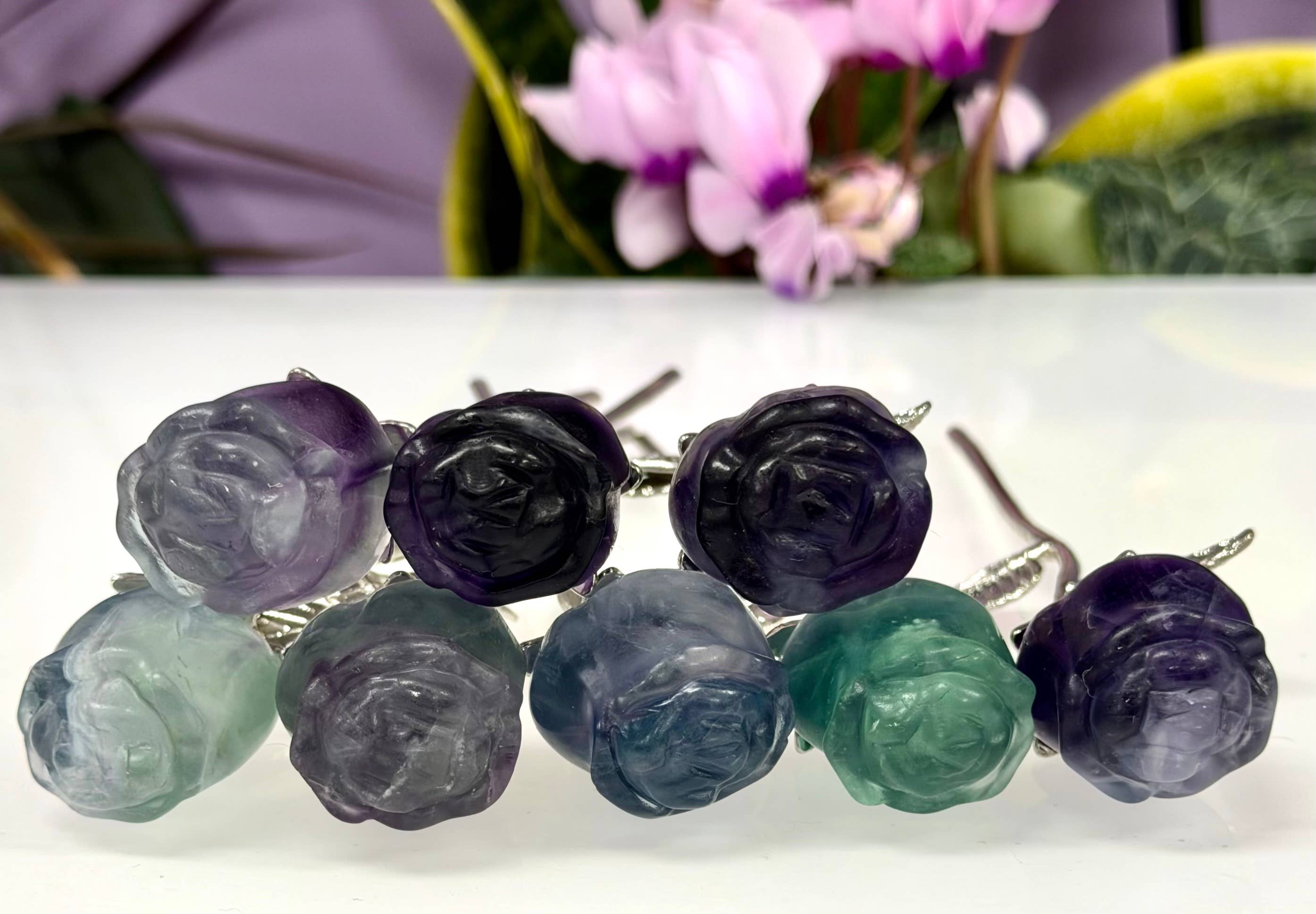 Fluorite Rose with Rhodium Metal Stem Natural Crystal 