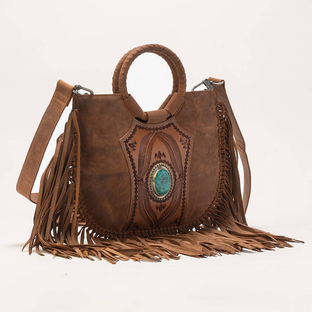 Sedona Tassle Hand Bag In Saddle Brown with Turquoise