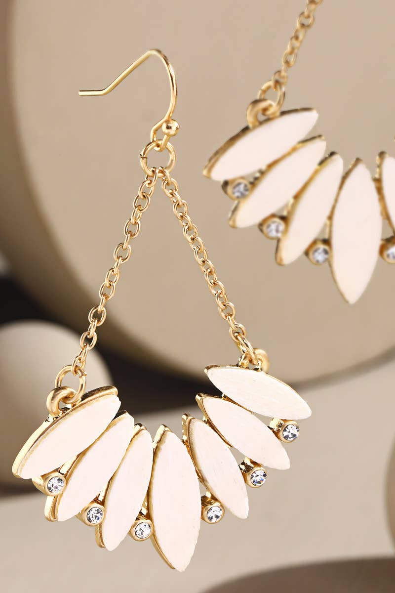 Wooden Fan Leaf Sparkly Dangle Earrings